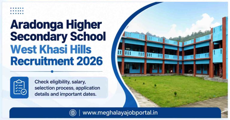 Aradonga Higher Secondary School West Khasi Hills Recruitment 2026 banner with school building, eligibility, salary, selection process, application details and important dates.