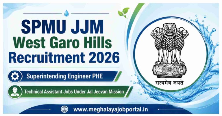 SPMU JJM West Garo Hills Recruitment 2026 banner featuring the Superintending Engineer PHE and Technical Assistant Jobs Under Jal Jeevan Mission, with the Government of India emblem and Meghalaya Job Portal website.