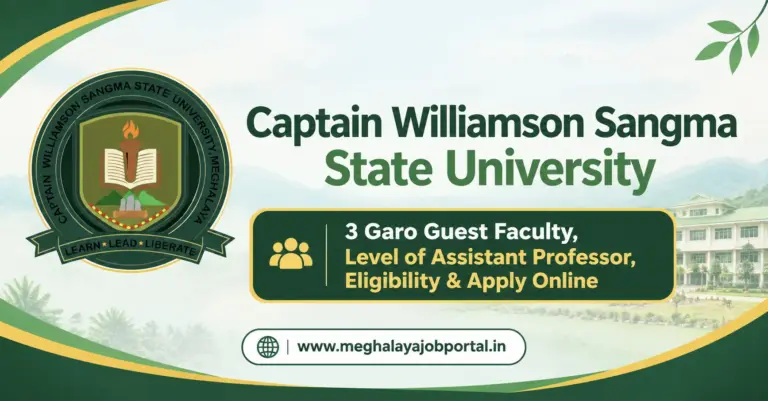Captain Williamson Sangma State University Recruitment 2026 blog banner featuring the official university logo on a green background, with the headline “Welcome to Captain Williamson Sangma State University” and the subheading “3 Garo Guest Faculty, Level of Assistant Professor, Eligibility & Apply Online.” The bottom displays the website: www.meghalayajobportal.in.