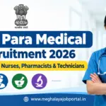 RRB Para Medical Recruitment 2026 blog banner featuring the Government of India emblem, a smiling nurse in blue scrubs with a stethoscope, and the headline “560 Posts for Nurses, Pharmacists & Technicians” on a clean blue-and-white hospital-themed background with the website www.meghalayajobportal.in.