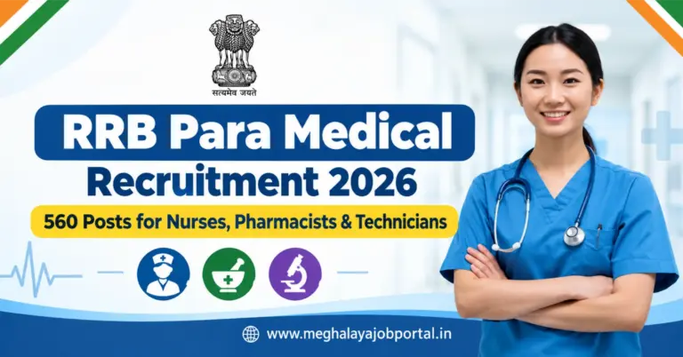 RRB Para Medical Recruitment 2026 blog banner featuring the Government of India emblem, a smiling nurse in blue scrubs with a stethoscope, and the headline “560 Posts for Nurses, Pharmacists & Technicians” on a clean blue-and-white hospital-themed background with the website www.meghalayajobportal.in.