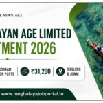 Meghalayan Age Limited Recruitment 2026 banner featuring a traditional boat on clear turquoise water, Meghalayan Age logo, and details for 3 Tourism Program Coordinator posts in Shillong and Jowai with ₹31,200 monthly salary.