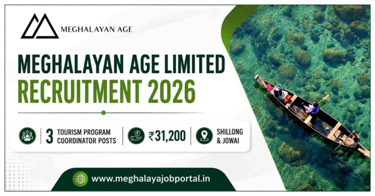 Meghalayan Age Limited Recruitment 2026 banner featuring a traditional boat on clear turquoise water, Meghalayan Age logo, and details for 3 Tourism Program Coordinator posts in Shillong and Jowai with ₹31,200 monthly salary.