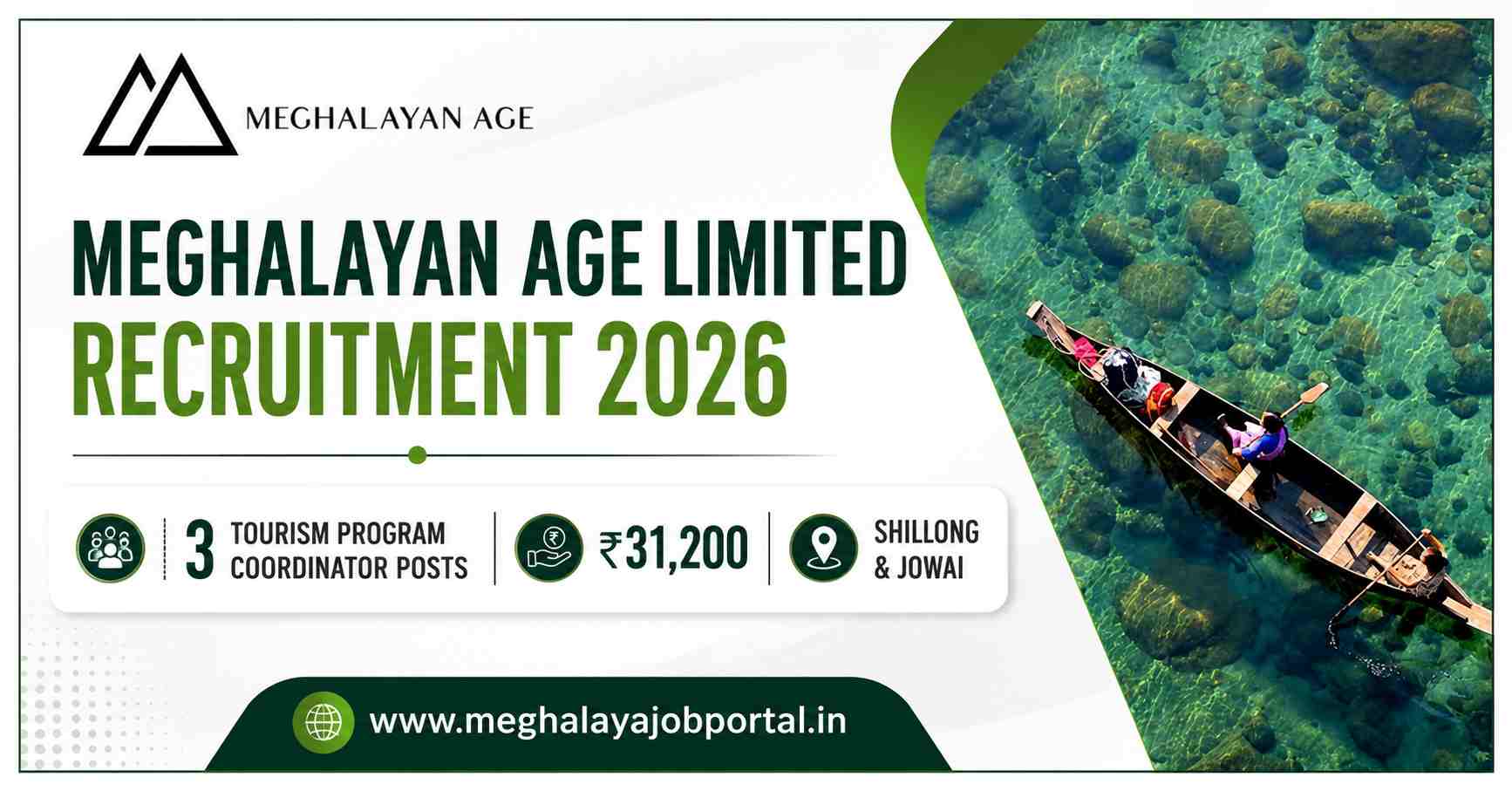 Meghalayan Age Limited Recruitment 2026 banner featuring a traditional boat on clear turquoise water, Meghalayan Age logo, and details for 3 Tourism Program Coordinator posts in Shillong and Jowai with ₹31,200 monthly salary.
