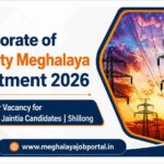 Modern recruitment banner featuring electricity transmission towers against a colourful sunset, with text announcing Inspectorate of Electricity Meghalaya Recruitment 2026, a Cleaner vacancy for Khasi & Jaintia candidates in Shillong, and the website www.meghalayajobportal.in