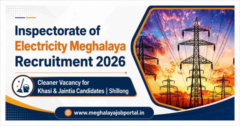 Modern recruitment banner featuring electricity transmission towers against a colourful sunset, with text announcing Inspectorate of Electricity Meghalaya Recruitment 2026, a Cleaner vacancy for Khasi & Jaintia candidates in Shillong, and the website www.meghalayajobportal.in