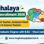 Meghalaya Teaching Recruitment 2026 banner featuring a Meghalaya district map, Assistant Teacher, Assistant Hindi Teacher and Science Teacher vacancies, Graduate Degree with B.Ed eligibility, and Khasi/Jaintia & Garo.