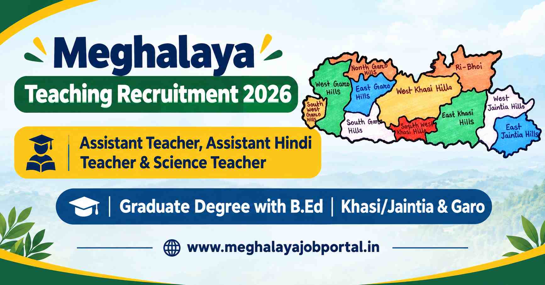 Meghalaya Teaching Recruitment 2026 banner featuring a Meghalaya district map, Assistant Teacher, Assistant Hindi Teacher and Science Teacher vacancies, Graduate Degree with B.Ed eligibility, and Khasi/Jaintia & Garo.