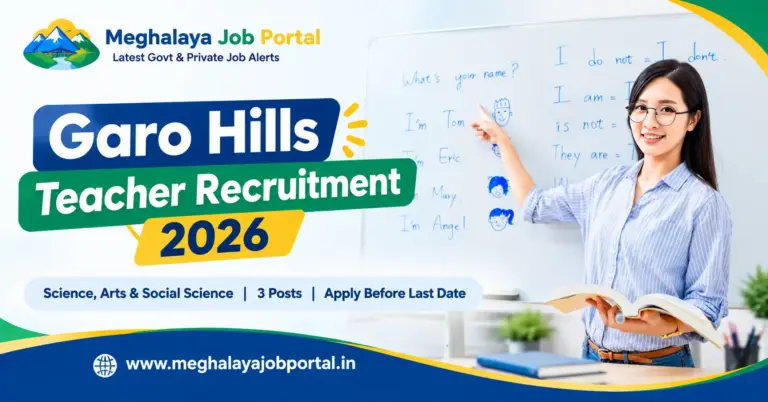 Garo Hills Teacher Recruitment 2026 banner featuring a female teacher, with details for Science, Arts and Social Science, 3 posts, and application information.