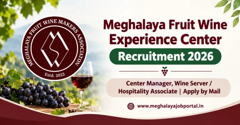 Meghalaya Fruit Wine Experience Center Recruitment 2026 banner featuring the Meghalaya Fruit Wine Makers Association logo, Center Manager and Wine Server/Hospitality Associate vacancies, and application by mail.