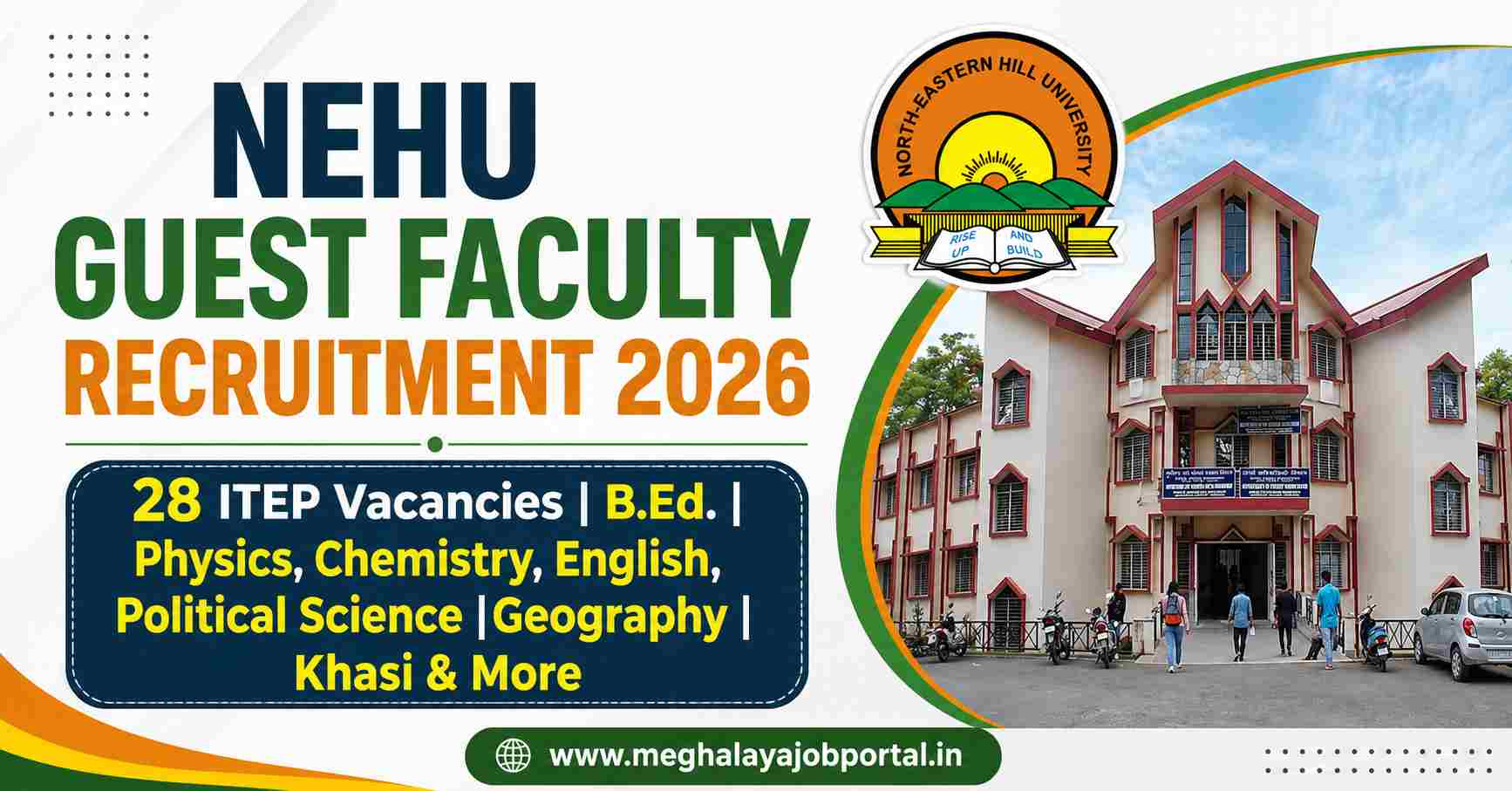 NEHU Guest Faculty Recruitment 2026 banner featuring the North-Eastern Hill University logo and Shillong campus building, announcing 28 ITEP vacancies for B.Ed. candidates in Physics, Chemistry, English, Political Science, Geography, Khasi and other subjects.