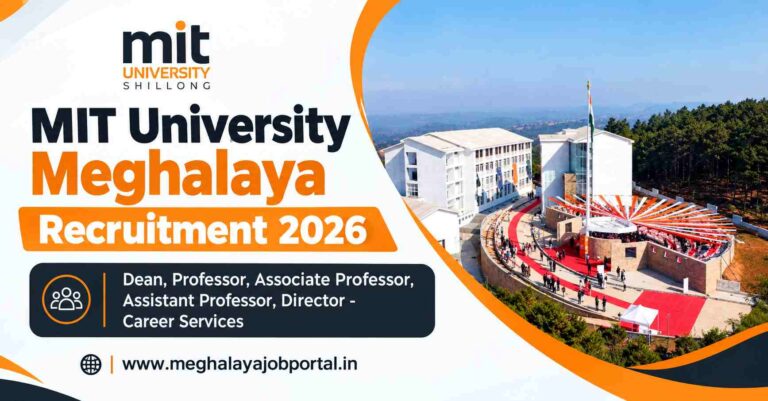 MIT University Meghalaya Recruitment 2026 banner featuring the MIT University Shillong logo, campus image, and recruitment details for Dean, Professor, Associate Professor, Assistant Professor, and Director – Career Services, with Meghalaya Job Portal website.